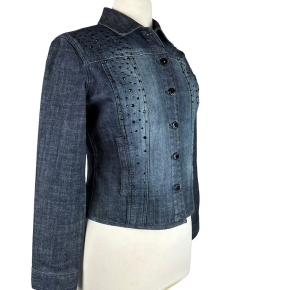 Chico’s Platinum Black Denim Distressed Jacket Black Rhinestones Size Small NEW - Picture 13 of 14